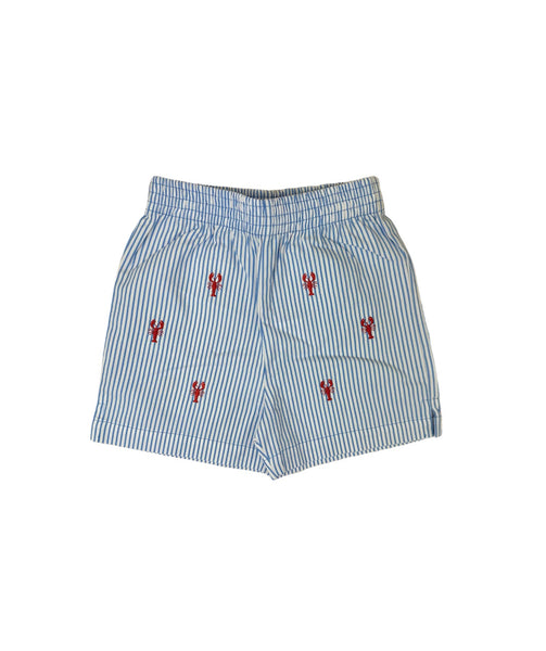 blue and white striped shorts with red lobsters all over