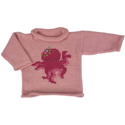 pink roll neck sweater with darker pink octopus in center, octopus has small flowers on head