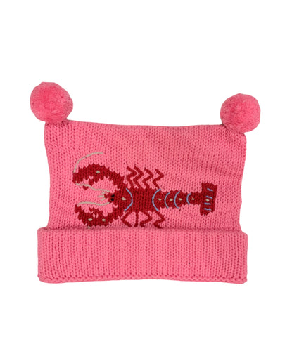 bright pink hat with bottom rolled up once and two poms at top, red horizontal lobster design in center