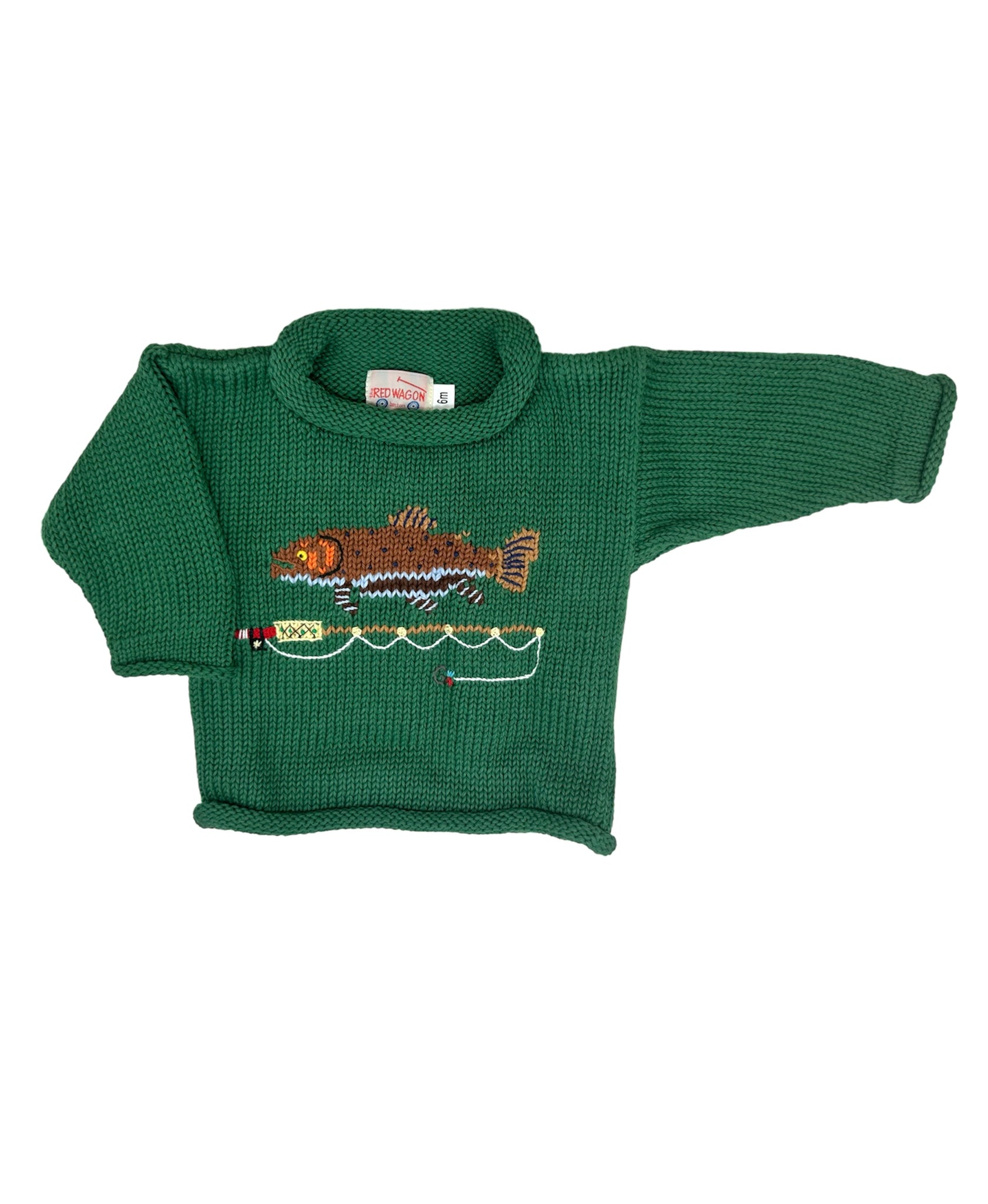 Children's Green Trout and Fishing Pole Roll Neck Sweater | The Red Wagon 10