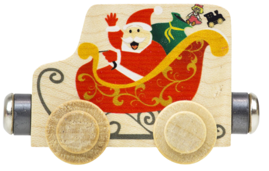 red sleigh with santa waving and a bag of presents