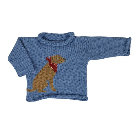 blue roll neck sweater with yellow labrador dog wearing a red bandana with white dots on the front right of sweater