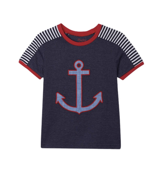 navy blue short sleeve shirt with anchor on center of shirt, stripes on sleeves, red trim on collar and sleeves - Hatley shirt