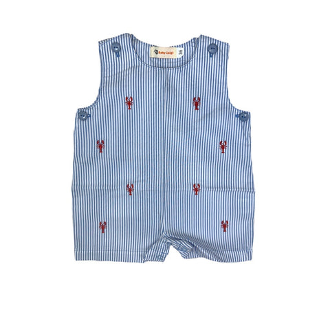 blue and white striped shortalls with red embroidered lobsters all over