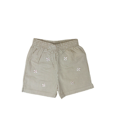 tan striped seersucker shorts with baseballs embroidered all over