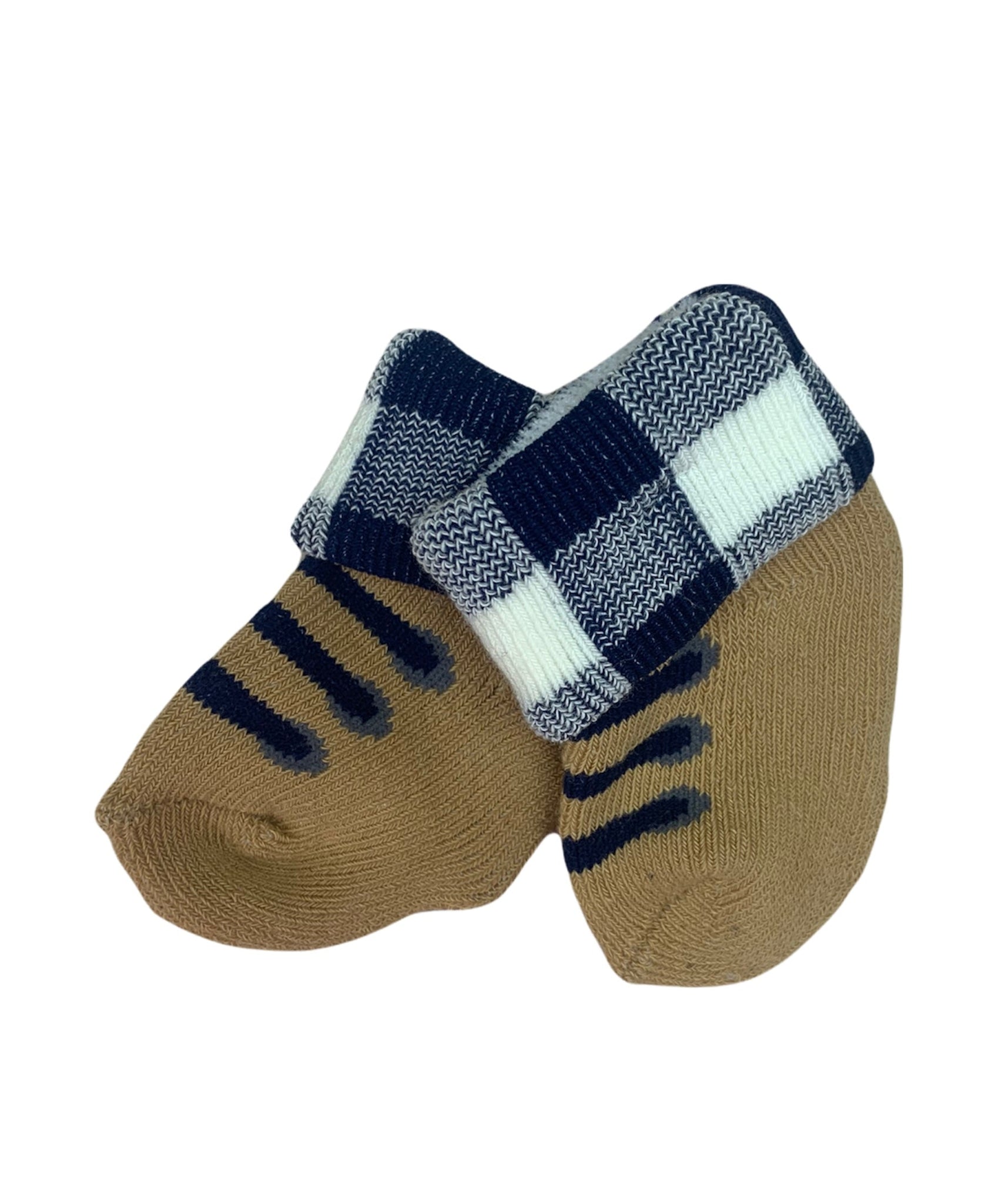 tan socks with navy lines to look like laces and navy and white checkered ankles