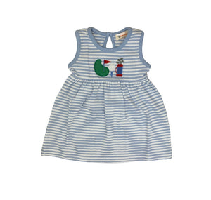 light blue and white striped sleeveless dress with golf applique
