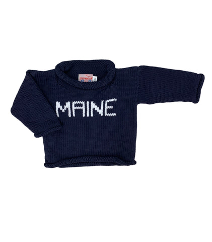 Navy Long sleeve sweater with Maine in white letters