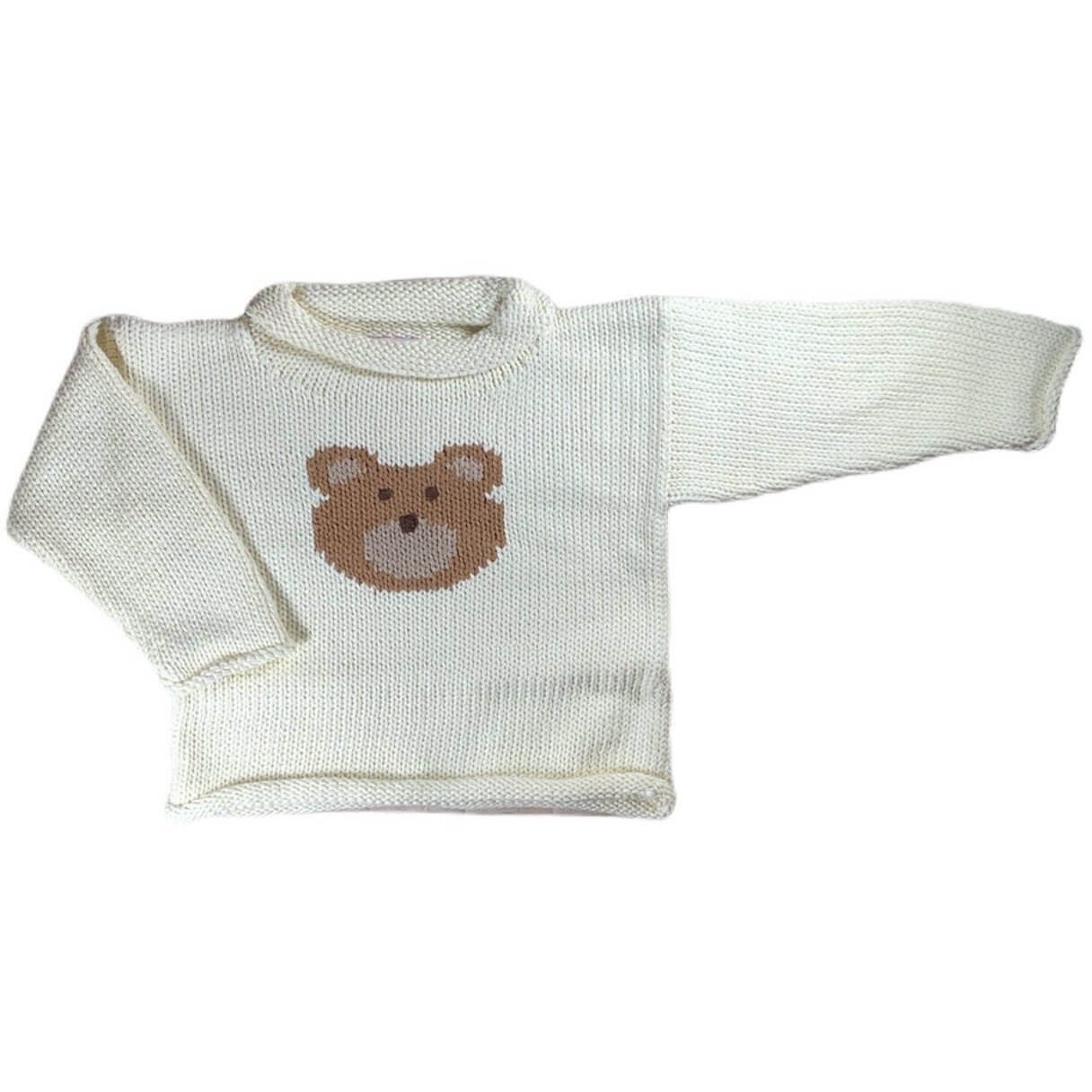 ivory roll neck sweater with tan bear face knitted on front center