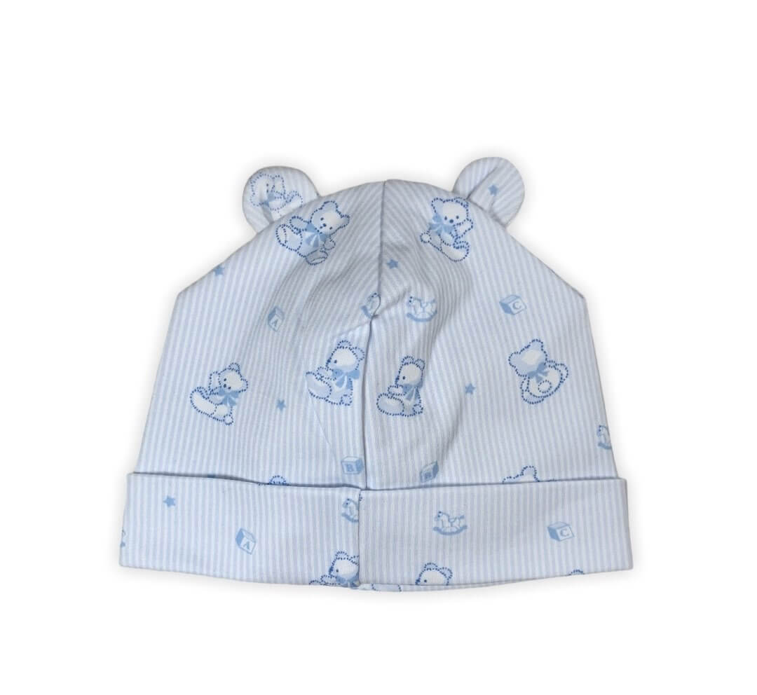 white and blue striped baby hat with small teddy bears at top and teddy bear, rocking horse and letter block print all over