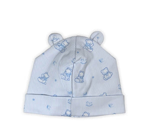 white and blue striped baby hat with small teddy bears at top and teddy bear, rocking horse and letter block print all over