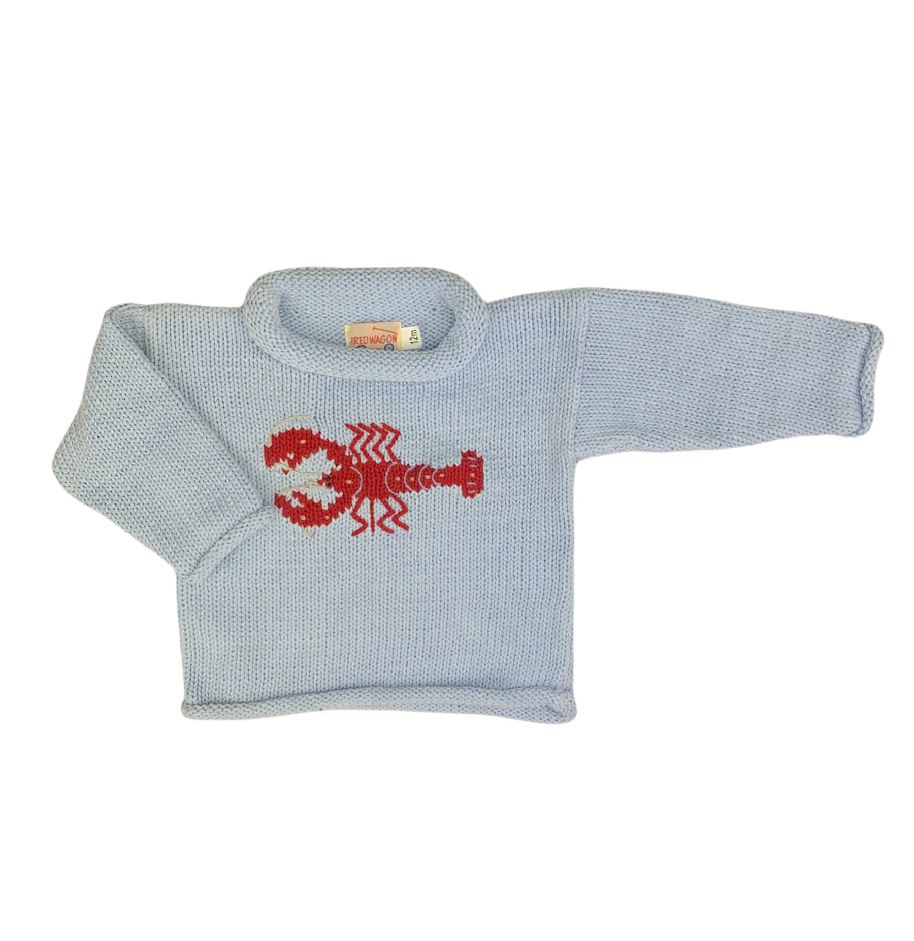 light blue sweater with red lobster in center