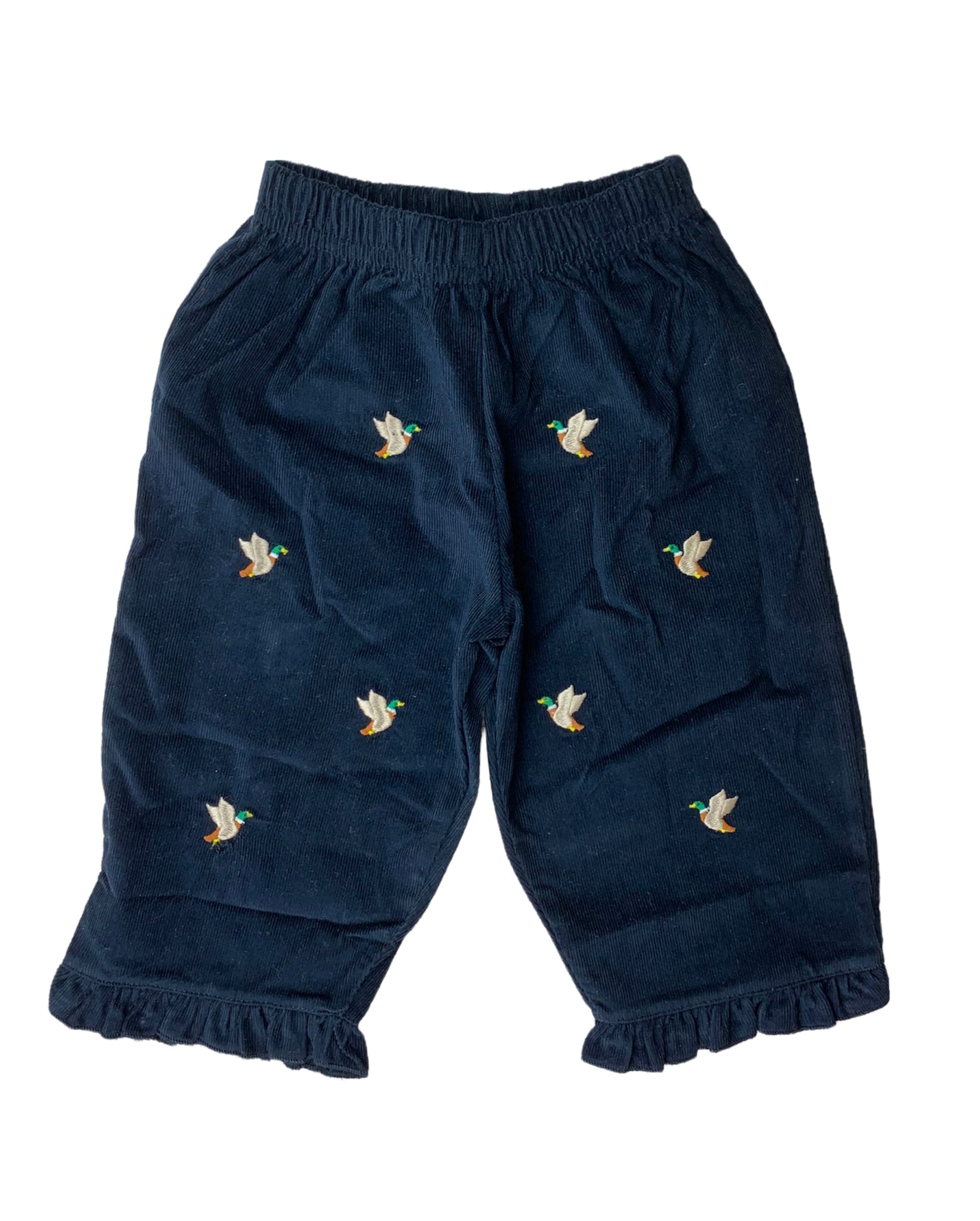navy pants with mallard ducks embroidered all over, ruffle at ankle