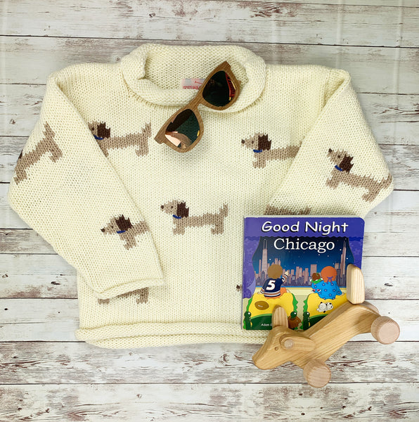 dachshund sweater with Chicago book