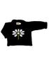 long sleeve navy blue sweater with white daisy flower in center
