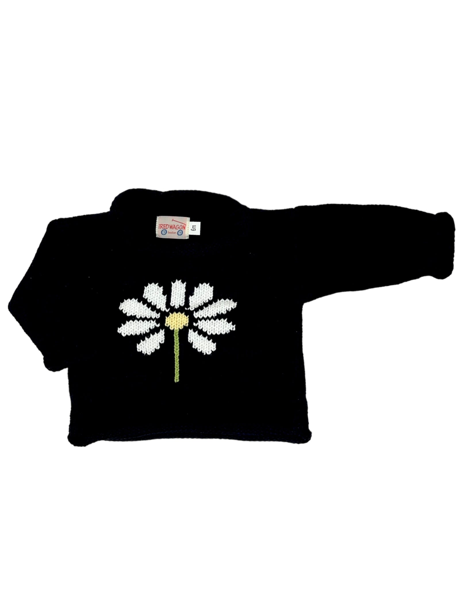 long sleeve navy blue sweater with white daisy flower in center