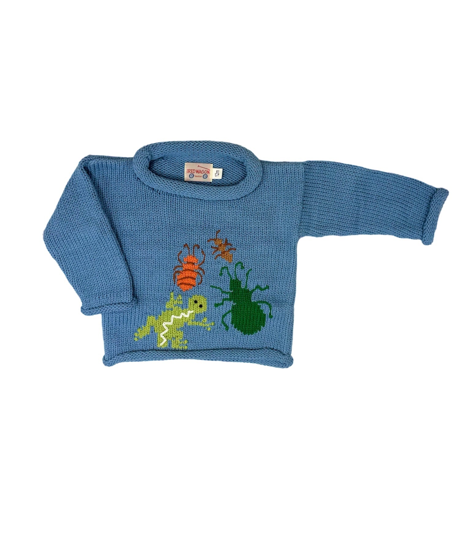 chambray blue sweater with orange and green bugs and gecko