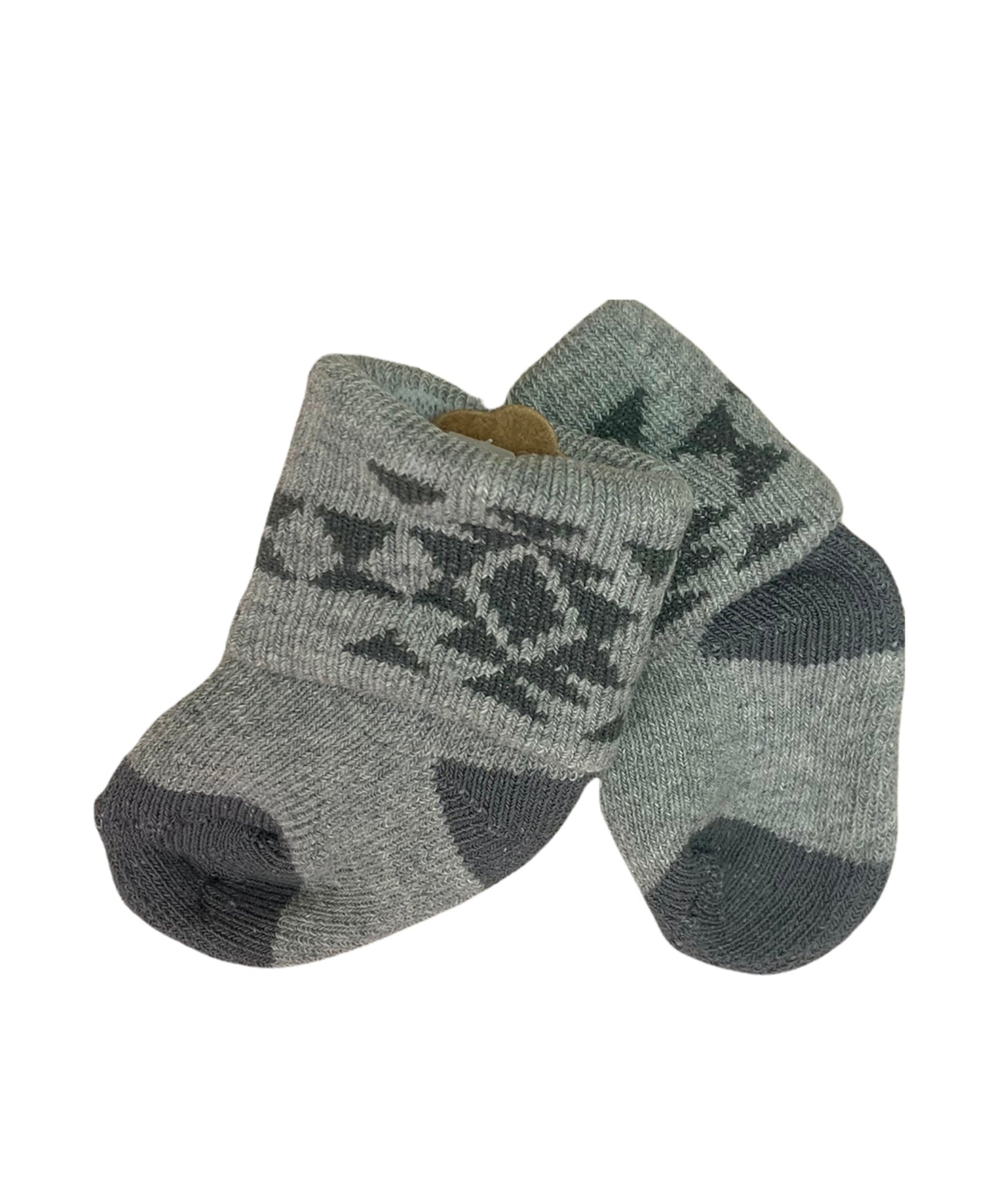 grey socks with tribal pattern on ankles, darker grey on heel and toe
