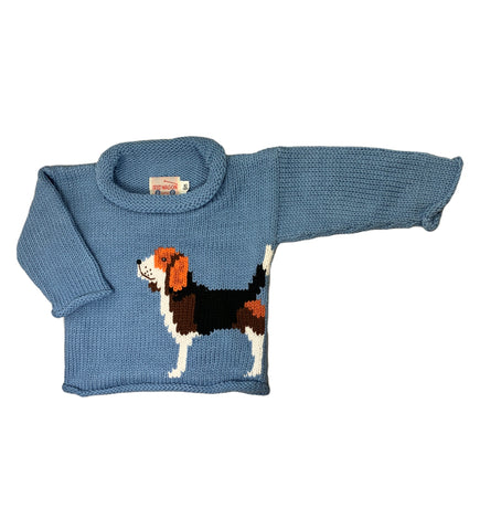 blue long sleeve sweater with beagle