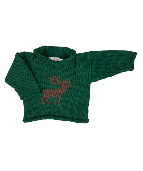 hunter green long sleeve sweater with brown moose