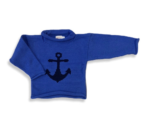 long sleeve blue cotton sweater with navy anchor in center
