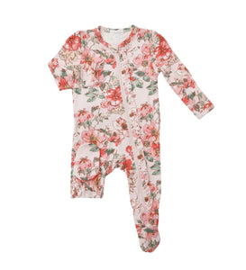 long sleeve footie, light pink with dark pink flowers and green stems, ruffle trim on zipper