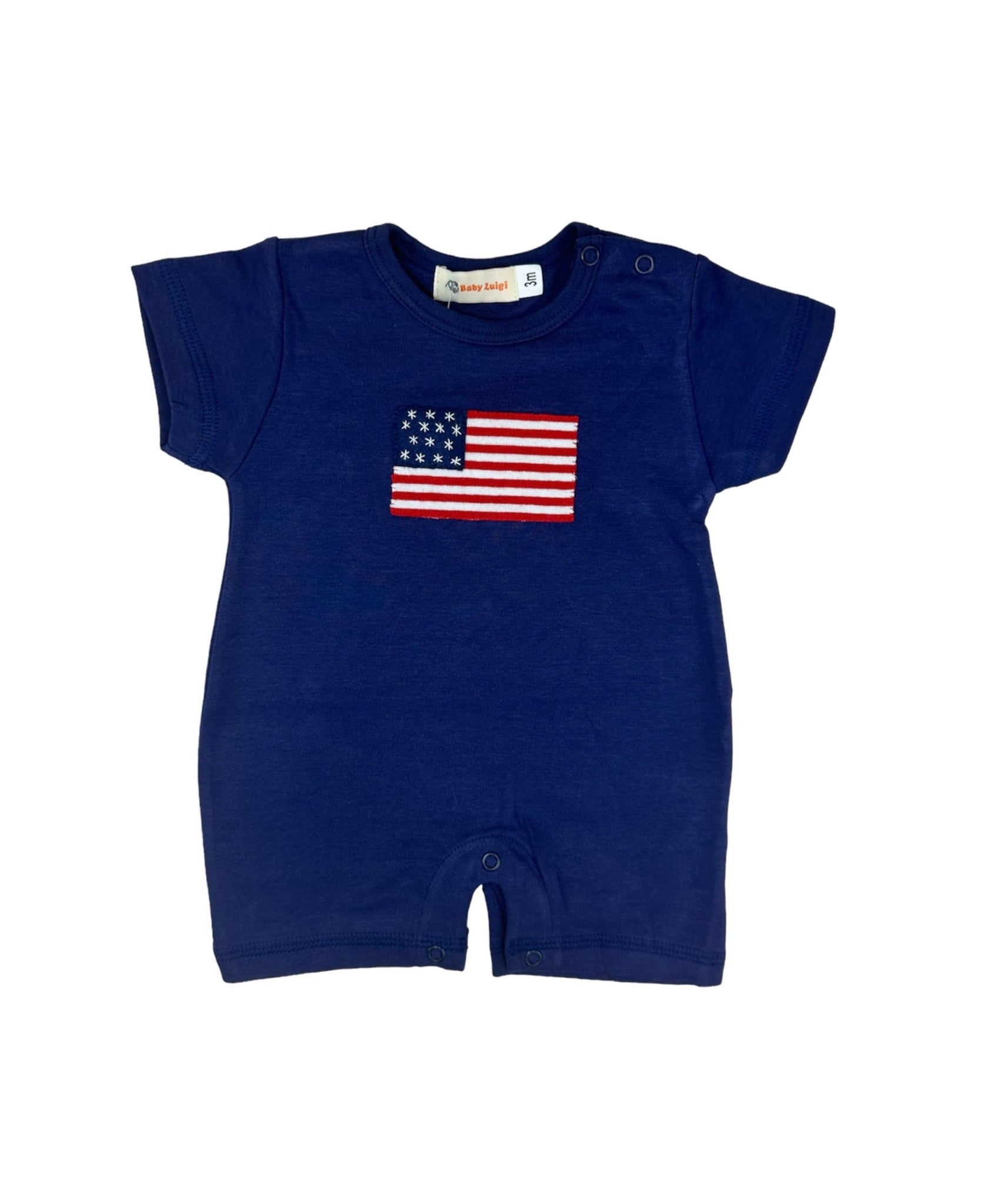 navy short sleeve romper with american flag