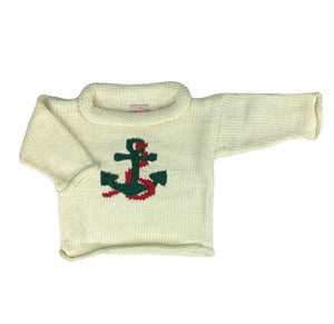 ivory sweater with green anchor with red rope design around anchor