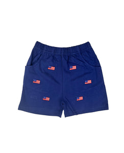 navy shorts with American flags all over