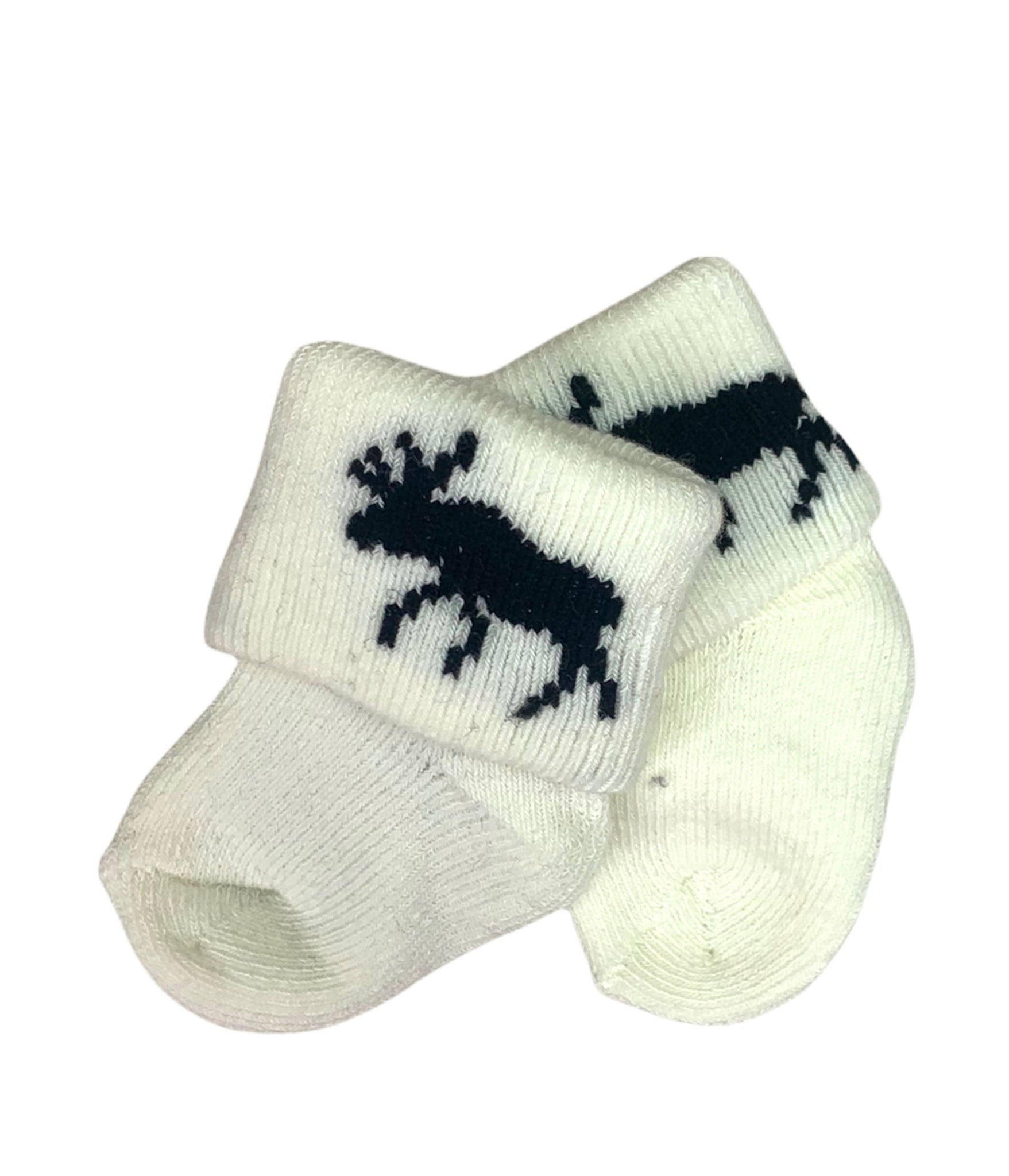 white socks with a black moose on each ankle
