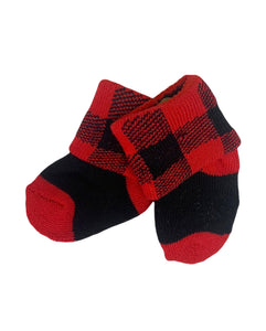black socks with red on heel and toe, black and red checked on ankles