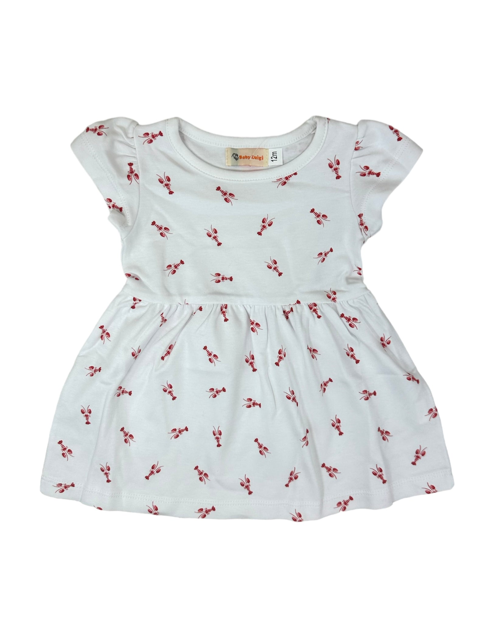 white short sleeve dress with red lobsters all over