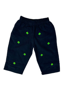 long navy corduroy pants with embroidered green shamrocks
