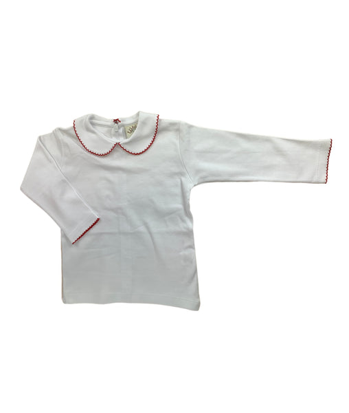 white long sleeve peter pan shirt with red trim on collar 