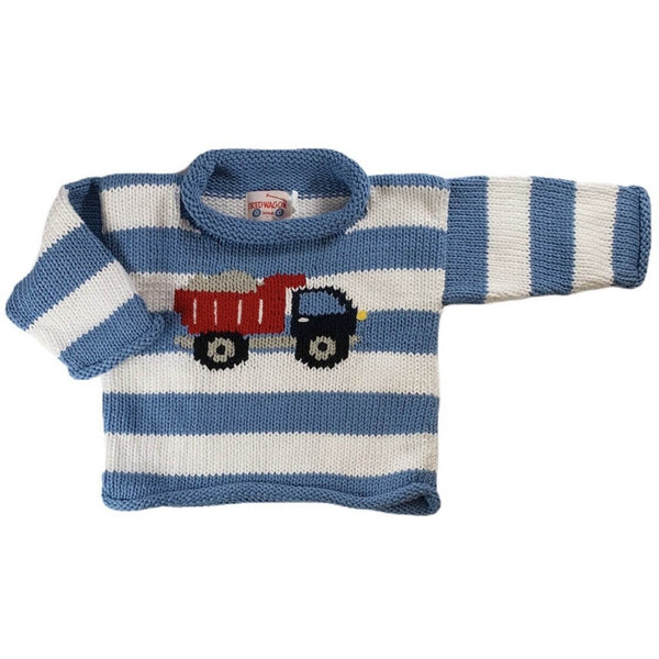 light blue and white striped roll neck sweater with navy and red dump truck knitted on front center of sweater