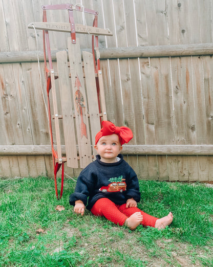 baby wearing navy woody wagon sweater by a sled