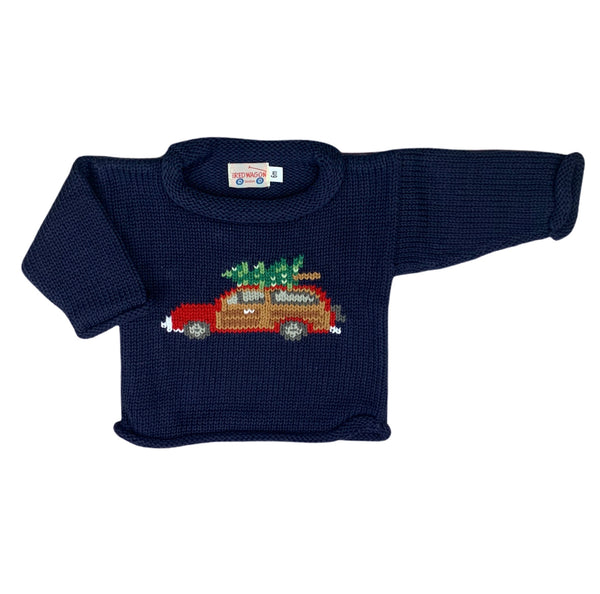 navy long sleeve sweater with red and brown station wagon in center with Christmas tree on top