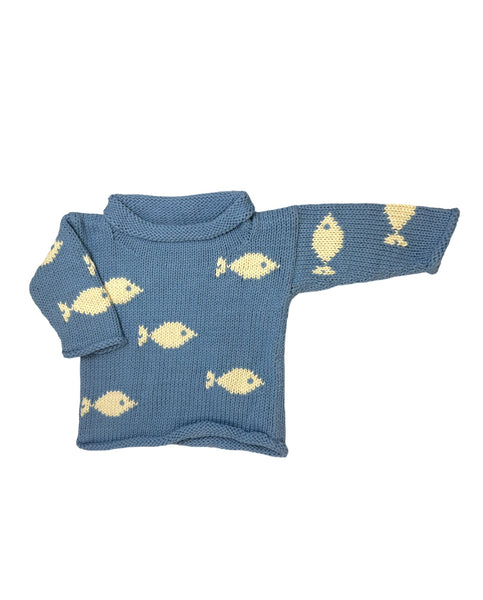 chambray blue long sleeve sweater with ivory fish all over