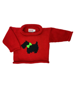 long sleeve red sweater with black scottish terrier with green bow
