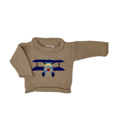 tan sweater with blue biplane in center