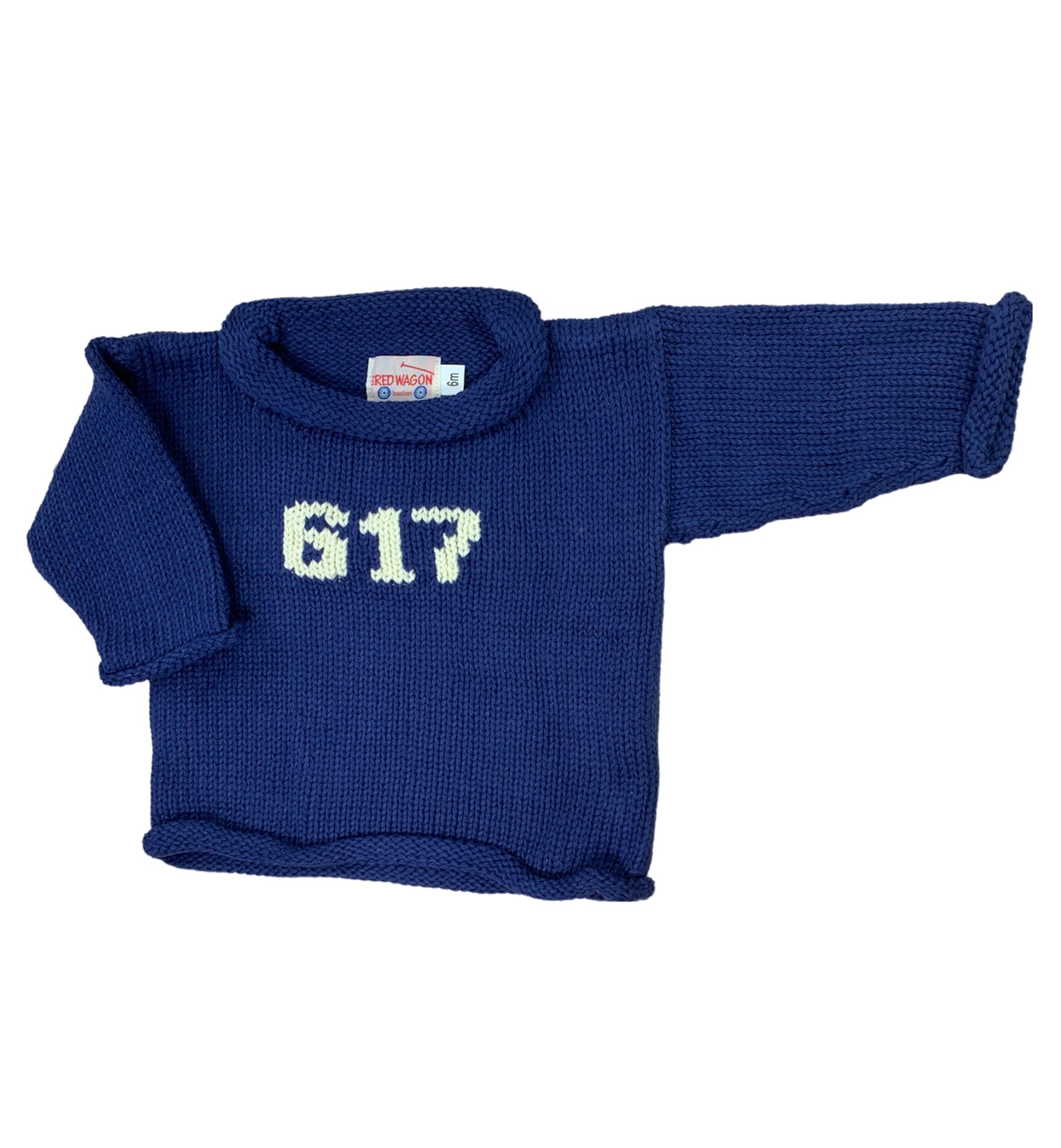 long sleeve navy blue sweater with 617 in ivory