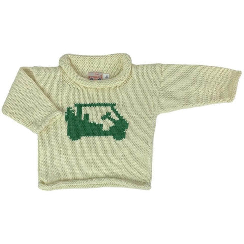 ivory roll neck sweater with green golf cart knitted on front center