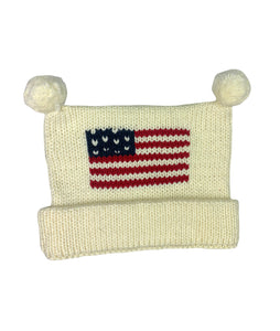 ivory hat with american flag with double poms