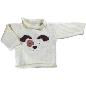 ivory roll neck sweater with brown and tan dog face on front center