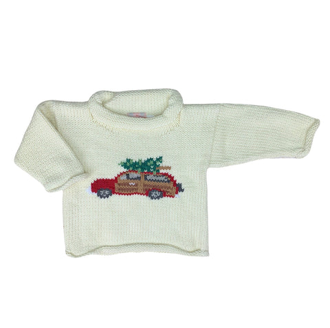 long sleeve ivory sweater with red and brown station wagon with christmas tree on top