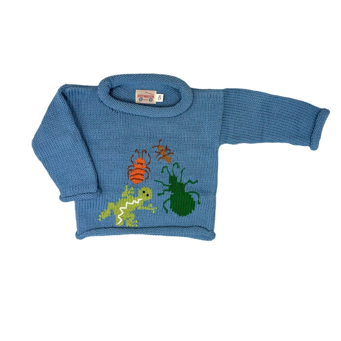chambray blue sweater with orange and green bugs and gecko