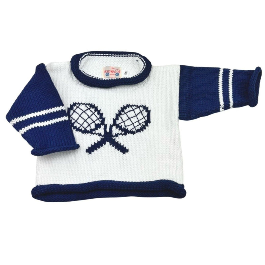 long sleeve sweater with blue arms with white stripes collar and bottom trim are blue and tennis rackets are blue