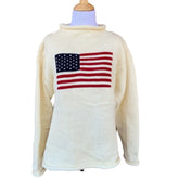 long sleeve ivory roll neck sweater with flag with red stripes and blue square with white stars in center of sweater