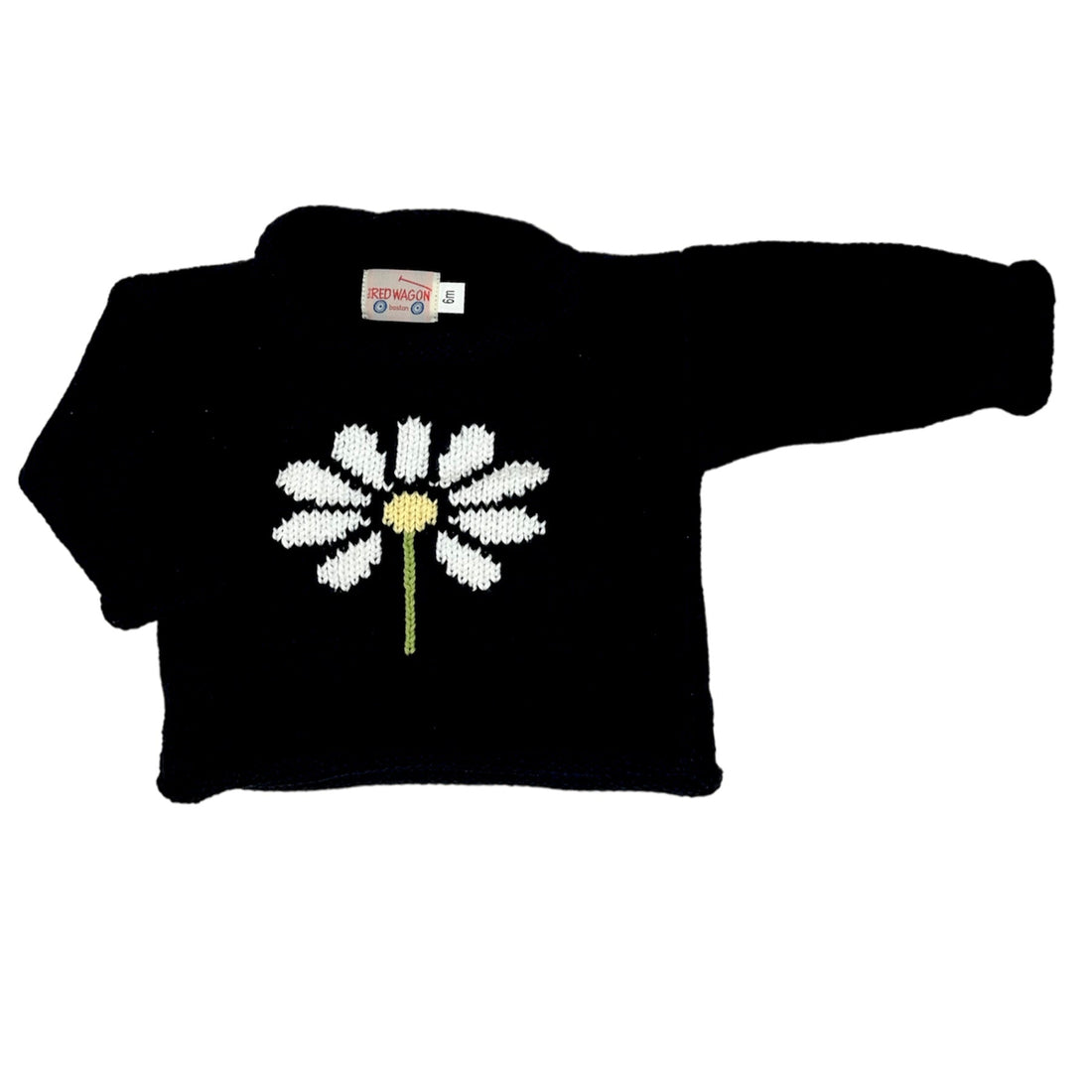 long sleeve navy blue sweater with white daisy flower in center