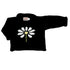 long sleeve navy blue sweater with white daisy flower in center